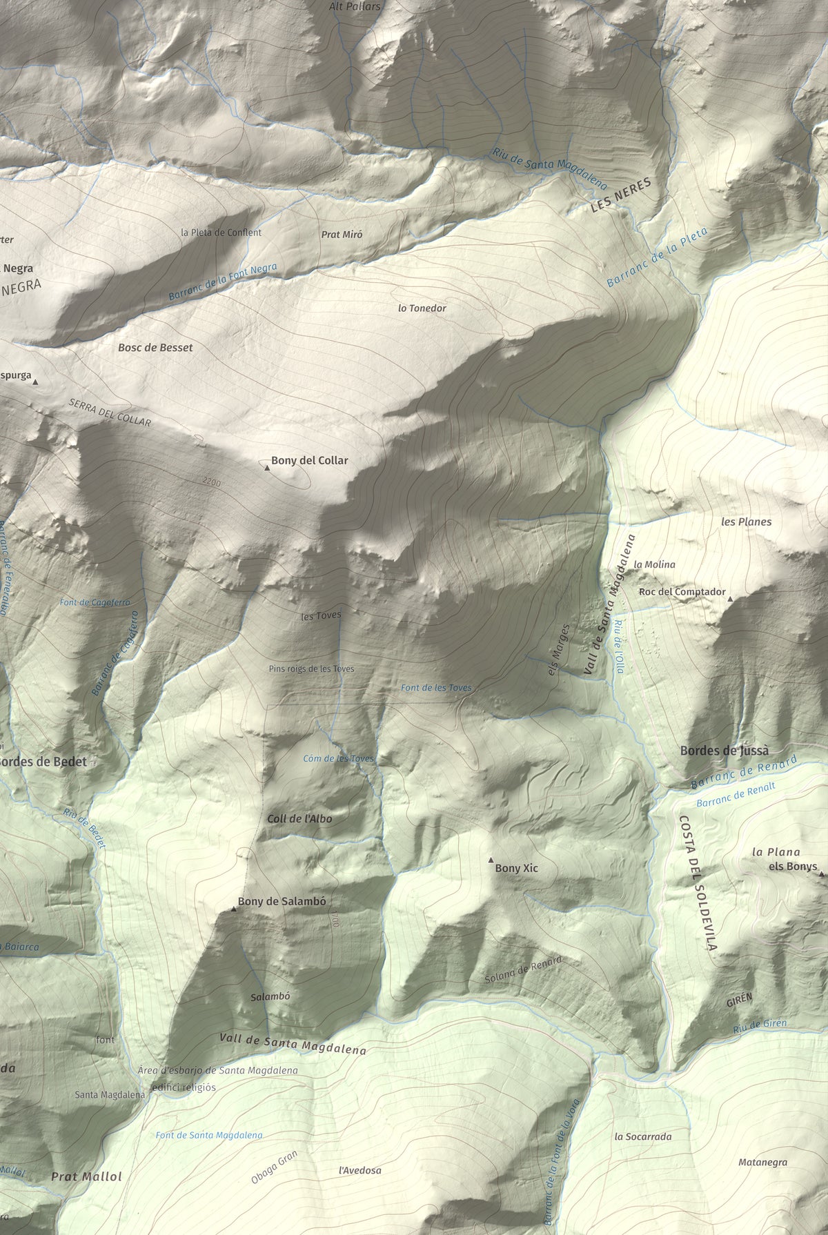 Mapa de relieve de Pic de Màniga, 2517 m, Pallars Sobirà, lámina 100 Cims de Trobart. Detalle de la zona inferior derecha. 61 × 91 cm.
