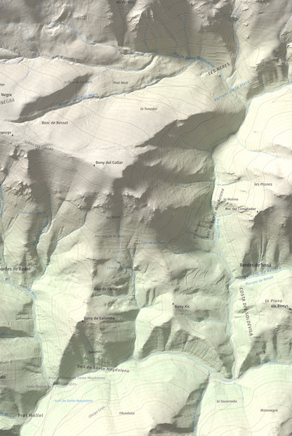 Mapa de relieve de Pic de Màniga, 2517 m, Pallars Sobirà, lámina 100 Cims de Trobart. Detalle de la zona inferior derecha. 61 × 91 cm.