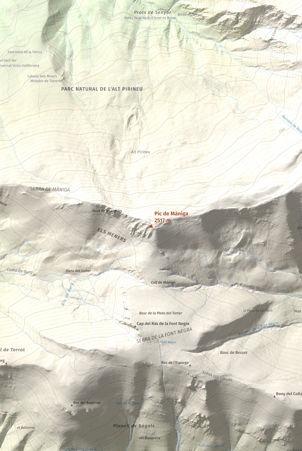 Mapa de relieve de Pic de Màniga, 2517 m, Pallars Sobirà, lámina 100 Cims de Trobart. Detalle de la zona central. 61 × 91 cm.