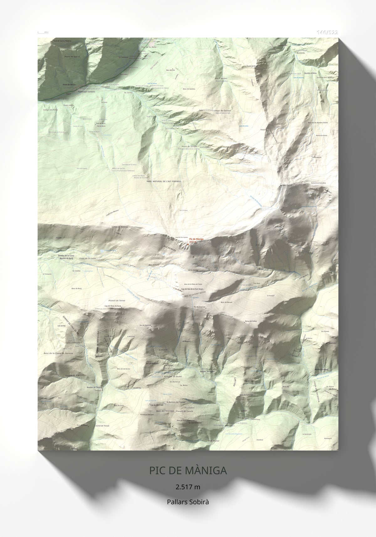 Mapa de relieve de Pic de Màniga, 2517 m, Pallars Sobirà, lámina 100 Cims de Trobart 70 × 100 cm.