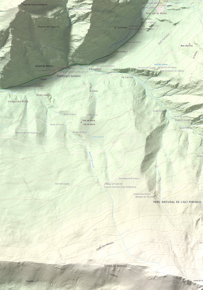 Mapa de relieve de Pic de Màniga, 2517 m, Pallars Sobirà, lámina 100 Cims de Trobart. Detalle de la zona superior izquierda. 70 × 100 cm.