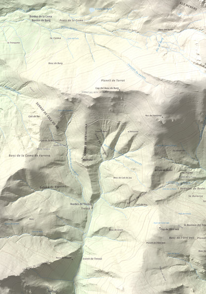 Mapa de relieve de Pic de Màniga, 2517 m, Pallars Sobirà, lámina 100 Cims de Trobart. Detalle de la zona inferior izquierda. 70 × 100 cm.