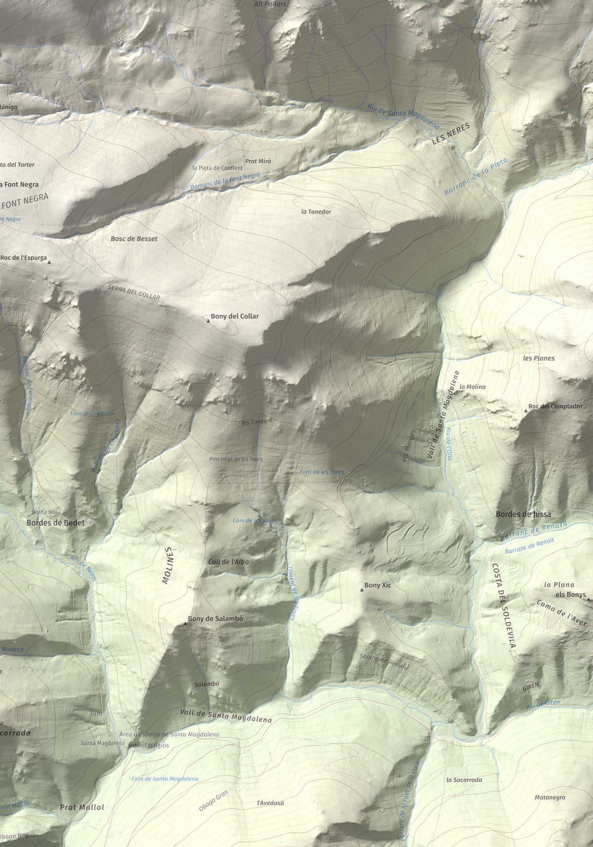 Mapa de relieve de Pic de Màniga, 2517 m, Pallars Sobirà, lámina 100 Cims de Trobart. Detalle de la zona inferior derecha. 70 × 100 cm.