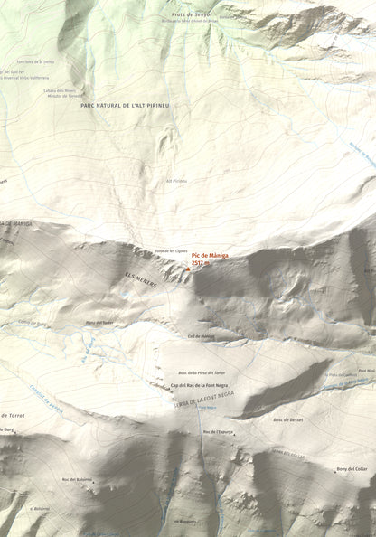 Mapa de relieve de Pic de Màniga, 2517 m, Pallars Sobirà, lámina 100 Cims de Trobart. Detalle de la zona central. 70 × 100 cm.