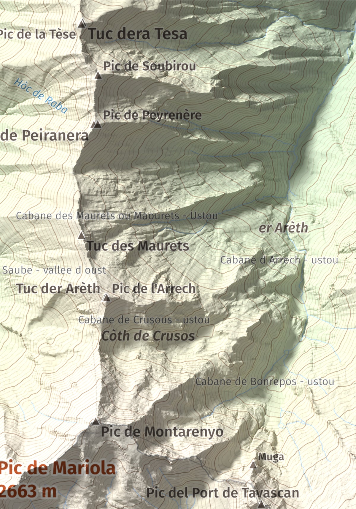 Mapa de relieve de Pic de Mariola, 2663 m, Pallars Sobirà, lámina 100 Cims de Trobart. Detalle de la zona superior derecha. 21 × 30 cm.