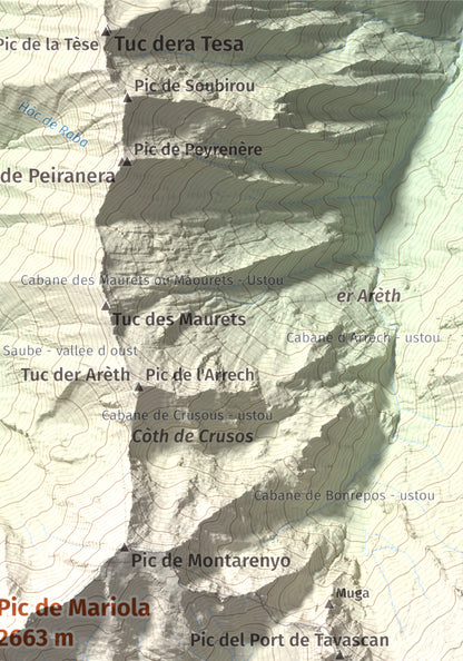 Mapa de relieve de Pic de Mariola, 2663 m, Pallars Sobirà, lámina 100 Cims de Trobart. Detalle de la zona superior derecha. 21 × 30 cm.