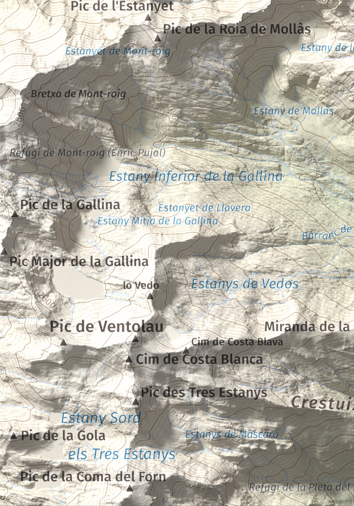 Mapa de relieve de Pic de Mariola, 2663 m, Pallars Sobirà, lámina 100 Cims de Trobart. Detalle de la zona inferior izquierda. 21 × 30 cm.