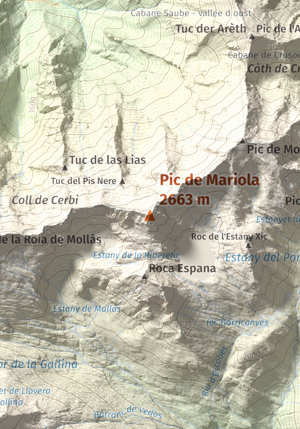 Mapa de relieve de Pic de Mariola, 2663 m, Pallars Sobirà, lámina 100 Cims de Trobart. Detalle de la zona central. 21 × 30 cm.