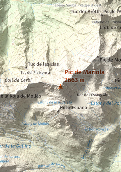 Mapa de relieve de Pic de Mariola, 2663 m, Pallars Sobirà, lámina 100 Cims de Trobart. Detalle de la zona central. 21 × 30 cm.