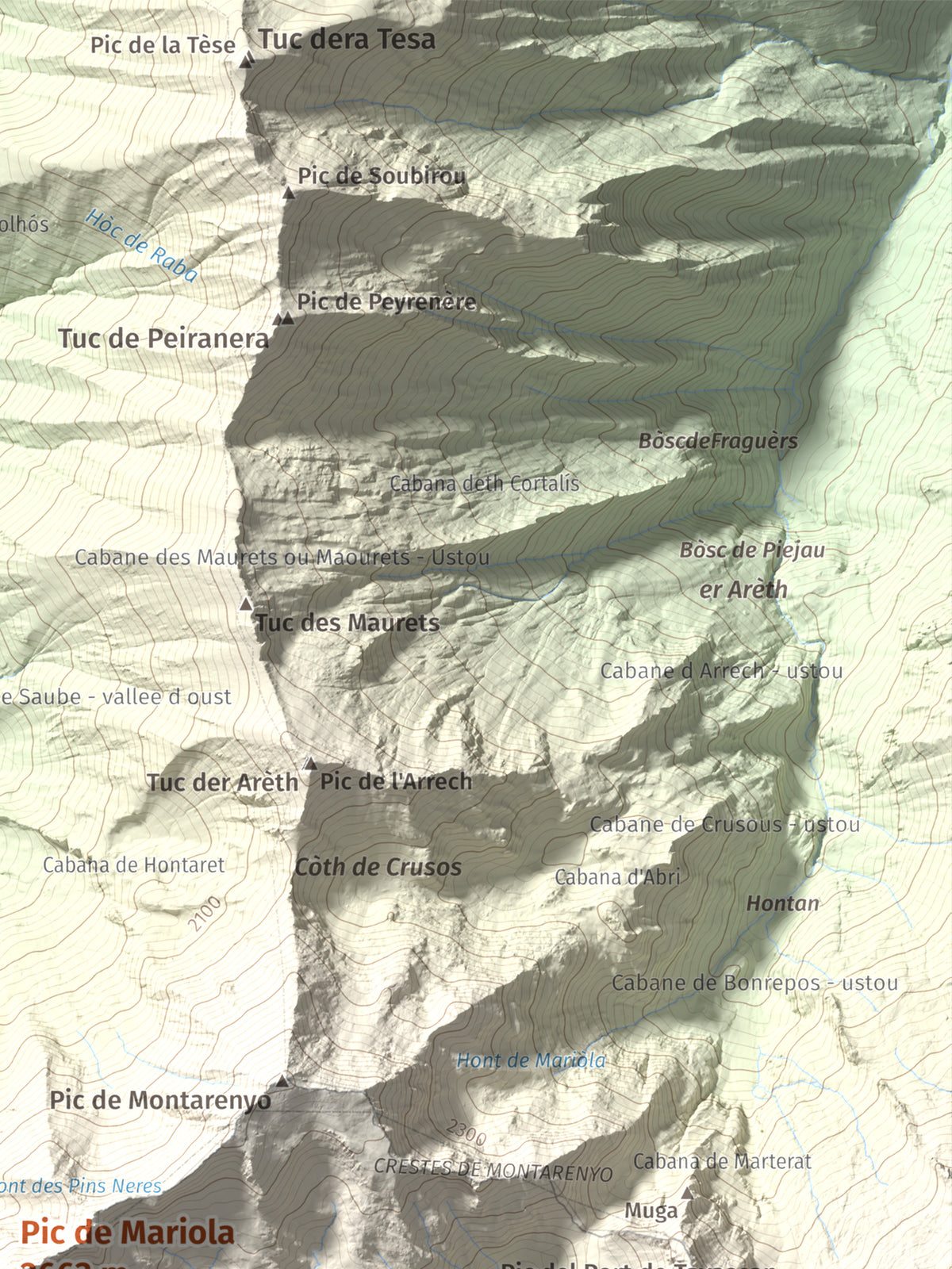 Mapa de relieve de Pic de Mariola, 2663 m, Pallars Sobirà, lámina 100 Cims de Trobart. Detalle de la zona superior derecha. 30 × 40 cm.