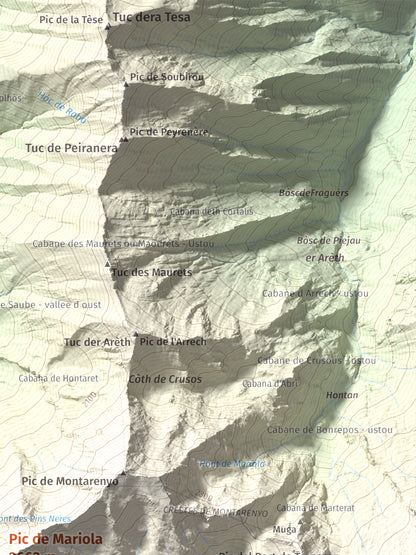 Mapa de relieve de Pic de Mariola, 2663 m, Pallars Sobirà, lámina 100 Cims de Trobart. Detalle de la zona superior derecha. 30 × 40 cm.