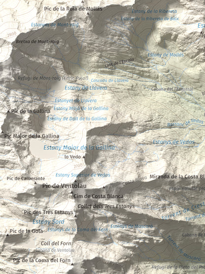 Mapa de relieve de Pic de Mariola, 2663 m, Pallars Sobirà, lámina 100 Cims de Trobart. Detalle de la zona inferior izquierda. 30 × 40 cm.