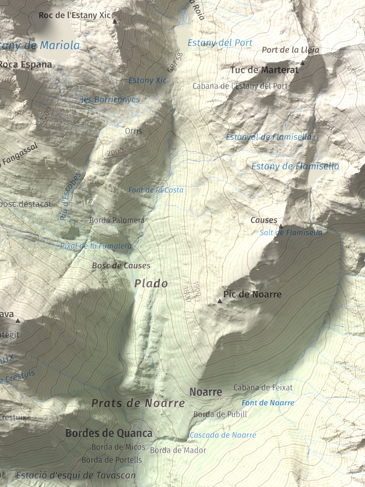 Mapa de relieve de Pic de Mariola, 2663 m, Pallars Sobirà, lámina 100 Cims de Trobart. Detalle de la zona inferior derecha. 30 × 40 cm.
