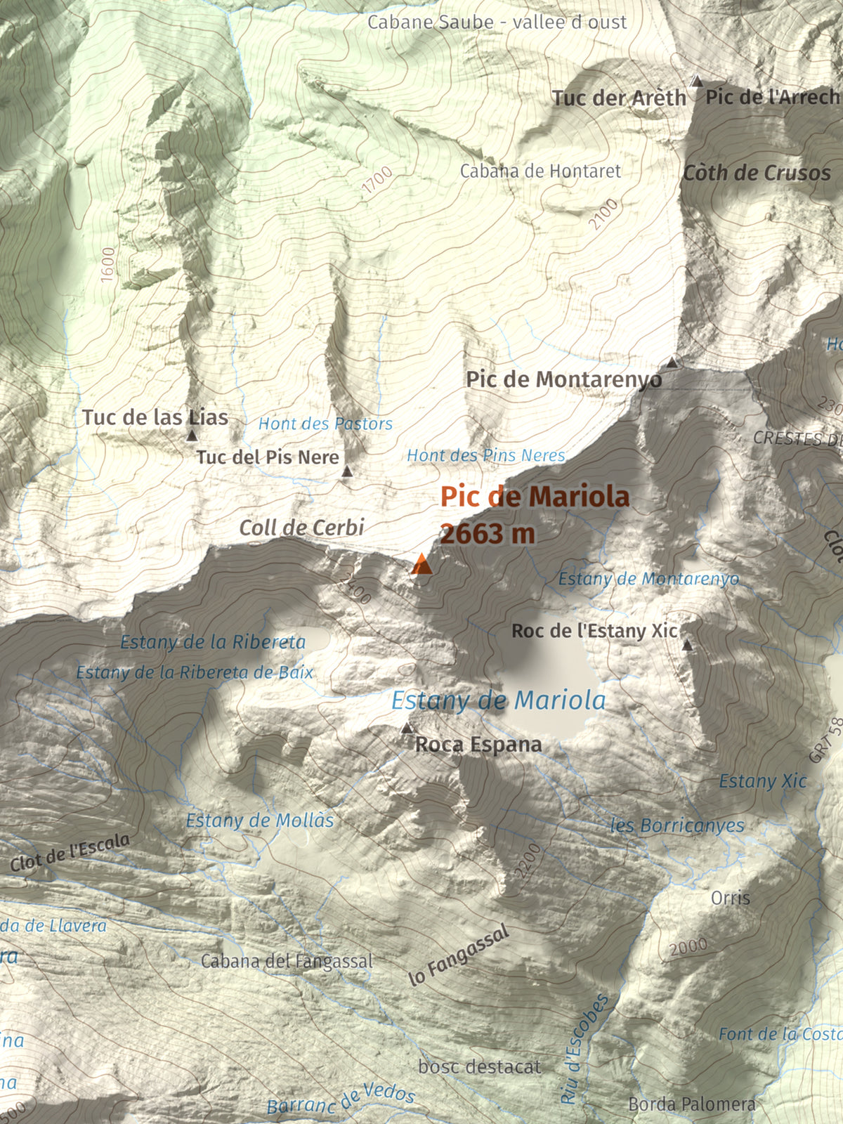 Mapa de relieve de Pic de Mariola, 2663 m, Pallars Sobirà, lámina 100 Cims de Trobart. Detalle de la zona central. 30 × 40 cm.