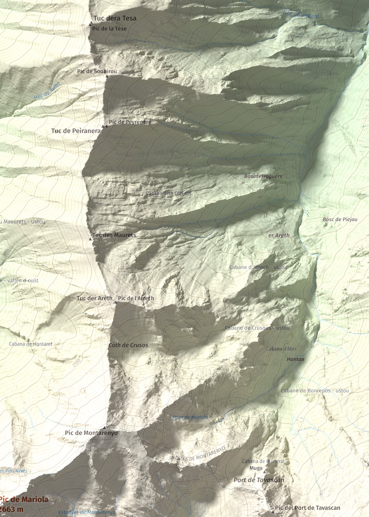 Mapa de relieve de Pic de Mariola, 2663 m, Pallars Sobirà, lámina 100 Cims de Trobart. Detalle de la zona superior derecha. 50 × 70 cm.