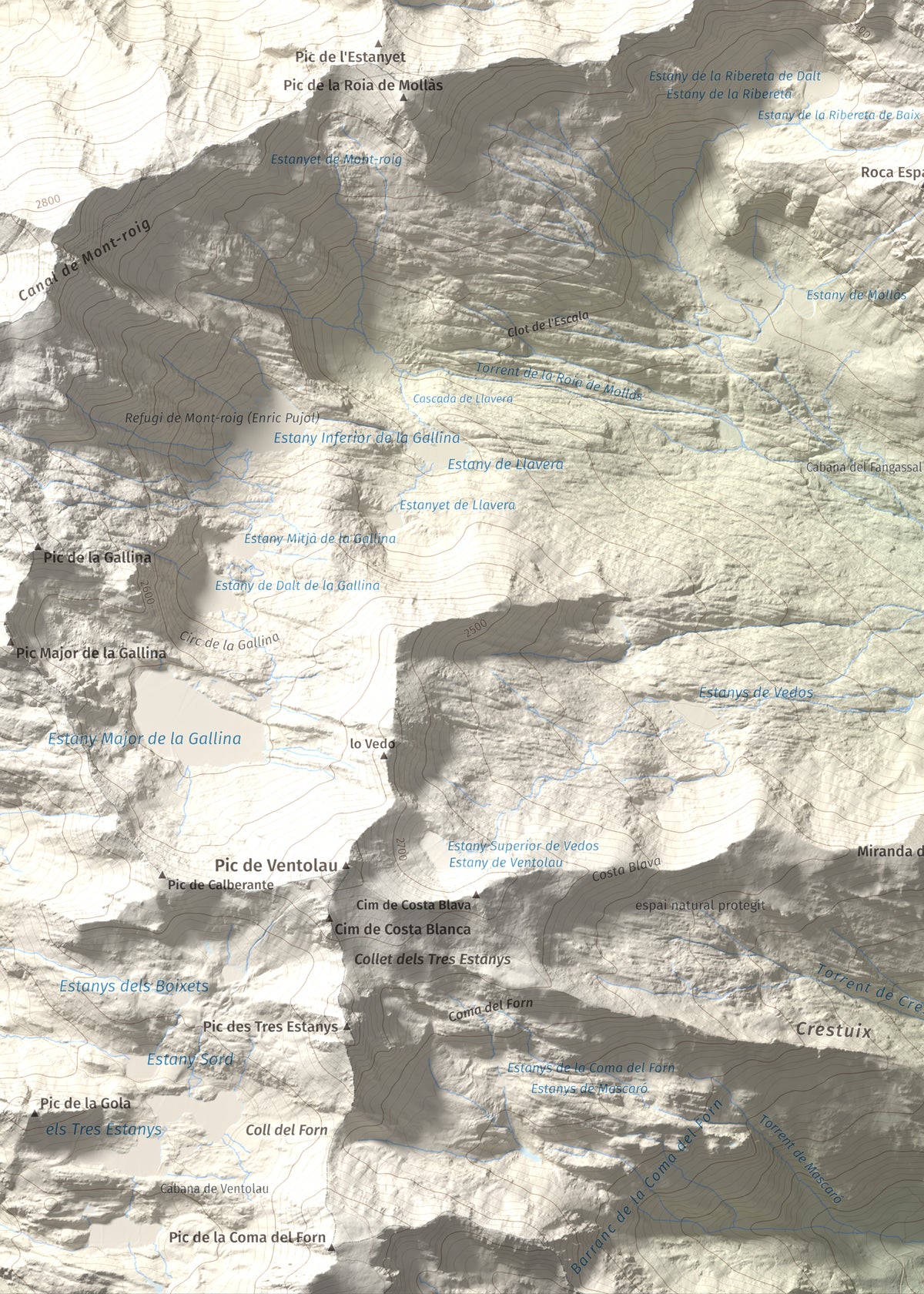 Mapa de relieve de Pic de Mariola, 2663 m, Pallars Sobirà, lámina 100 Cims de Trobart. Detalle de la zona inferior izquierda. 50 × 70 cm.
