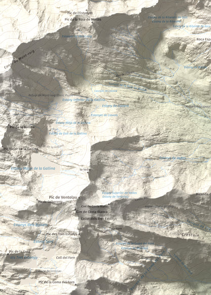 Mapa de relieve de Pic de Mariola, 2663 m, Pallars Sobirà, lámina 100 Cims de Trobart. Detalle de la zona inferior izquierda. 50 × 70 cm.