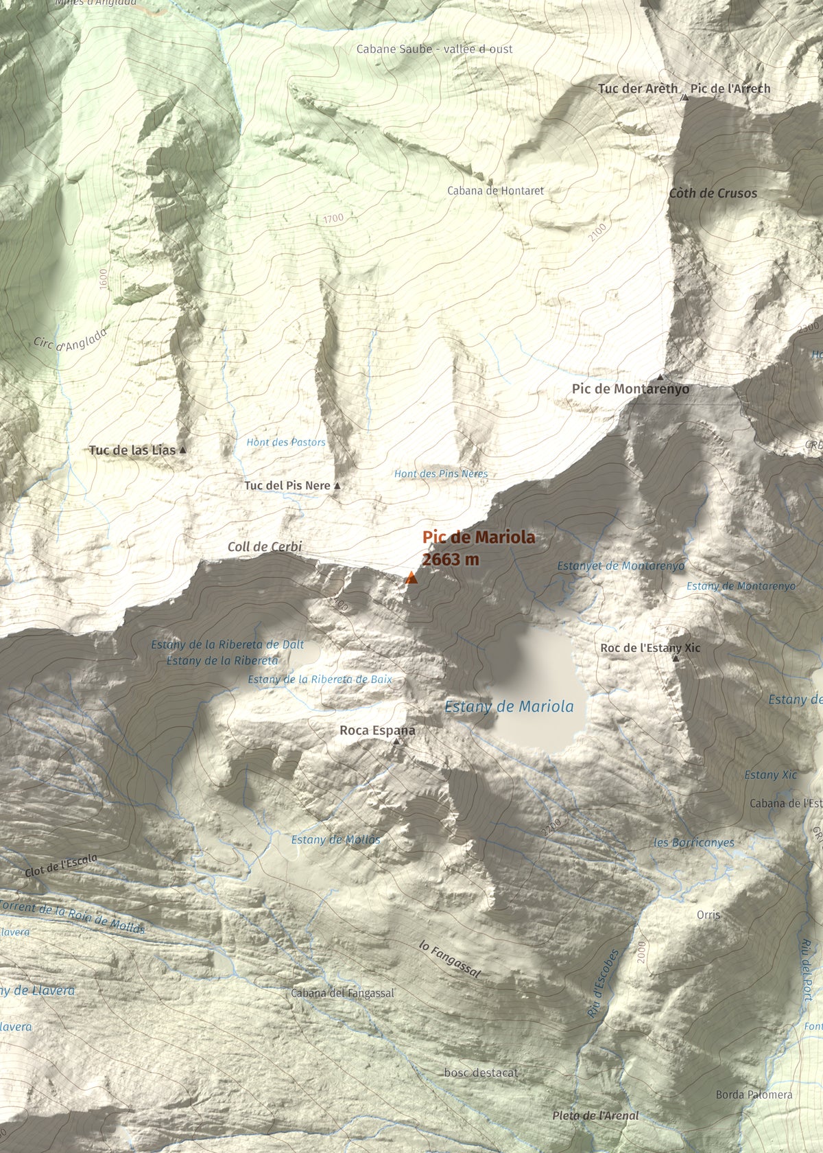 Mapa de relieve de Pic de Mariola, 2663 m, Pallars Sobirà, lámina 100 Cims de Trobart. Detalle de la zona central. 50 × 70 cm.