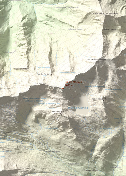 Mapa de relieve de Pic de Mariola, 2663 m, Pallars Sobirà, lámina 100 Cims de Trobart. Detalle de la zona central. 50 × 70 cm.