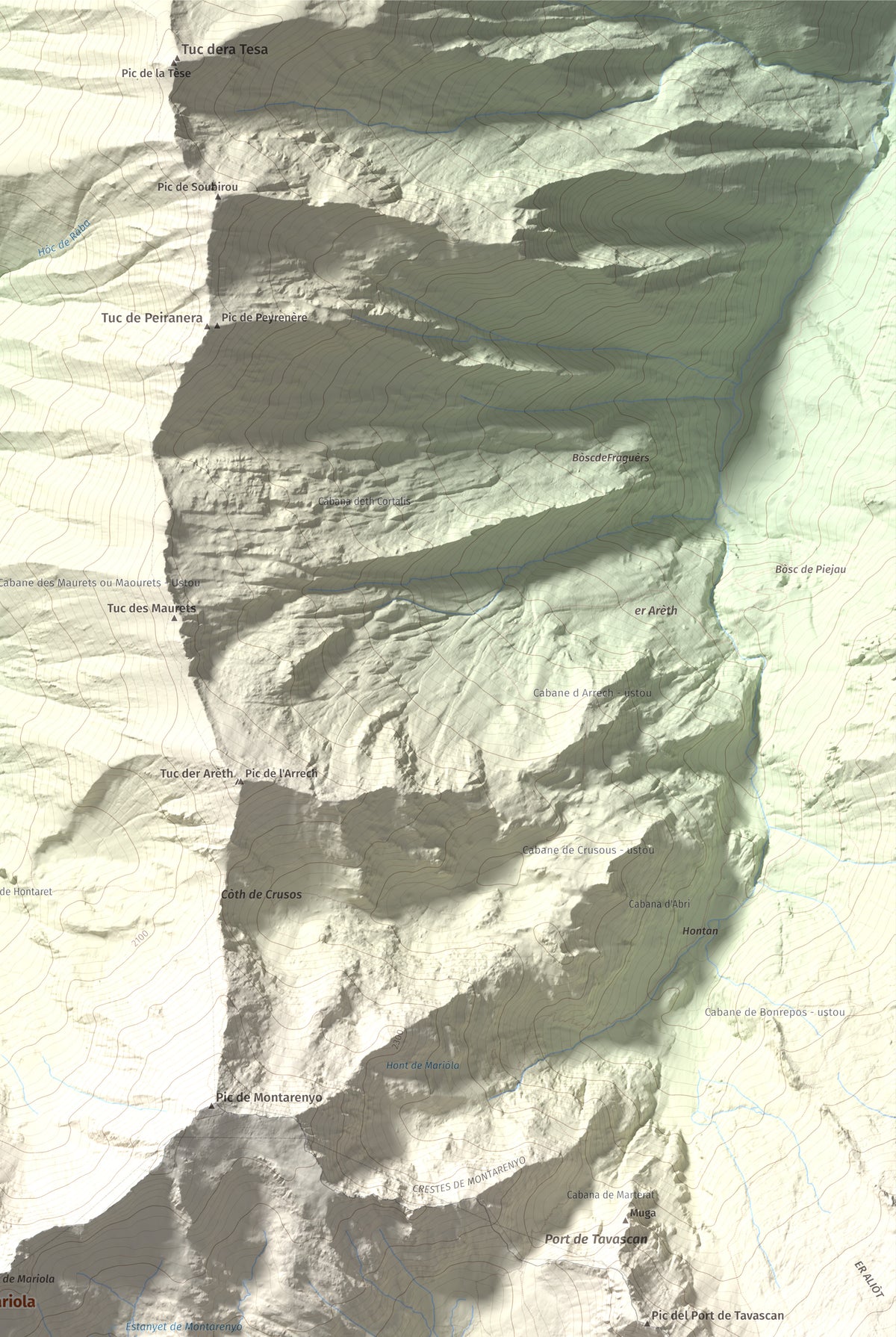 Mapa de relieve de Pic de Mariola, 2663 m, Pallars Sobirà, lámina 100 Cims de Trobart. Detalle de la zona superior derecha. 61 × 91 cm.