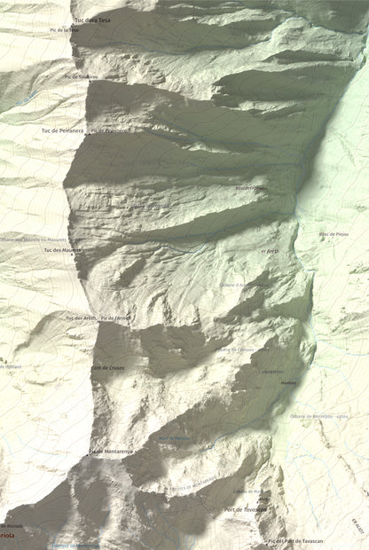 Mapa de relieve de Pic de Mariola, 2663 m, Pallars Sobirà, lámina 100 Cims de Trobart. Detalle de la zona superior derecha. 61 × 91 cm.