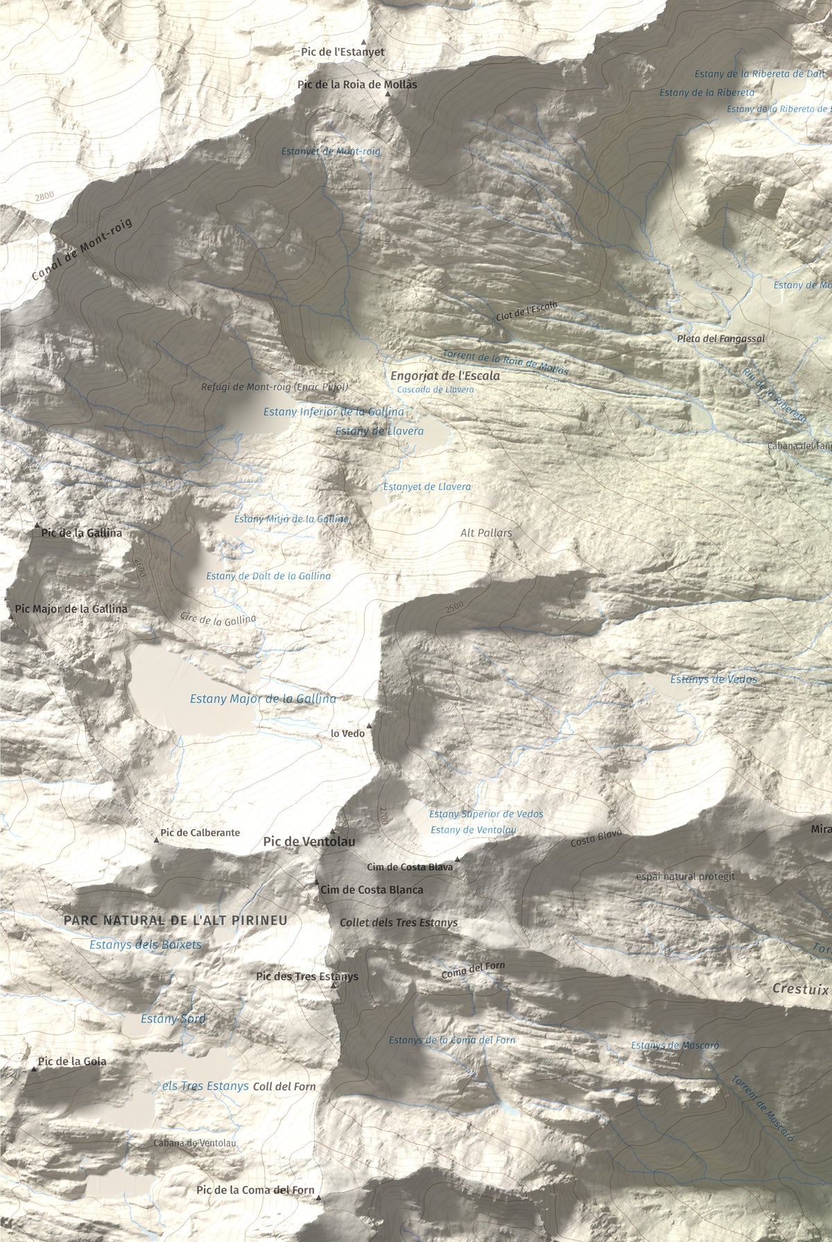Mapa de relieve de Pic de Mariola, 2663 m, Pallars Sobirà, lámina 100 Cims de Trobart. Detalle de la zona inferior izquierda. 61 × 91 cm.
