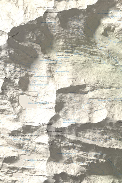 Mapa de relieve de Pic de Mariola, 2663 m, Pallars Sobirà, lámina 100 Cims de Trobart. Detalle de la zona inferior izquierda. 61 × 91 cm.