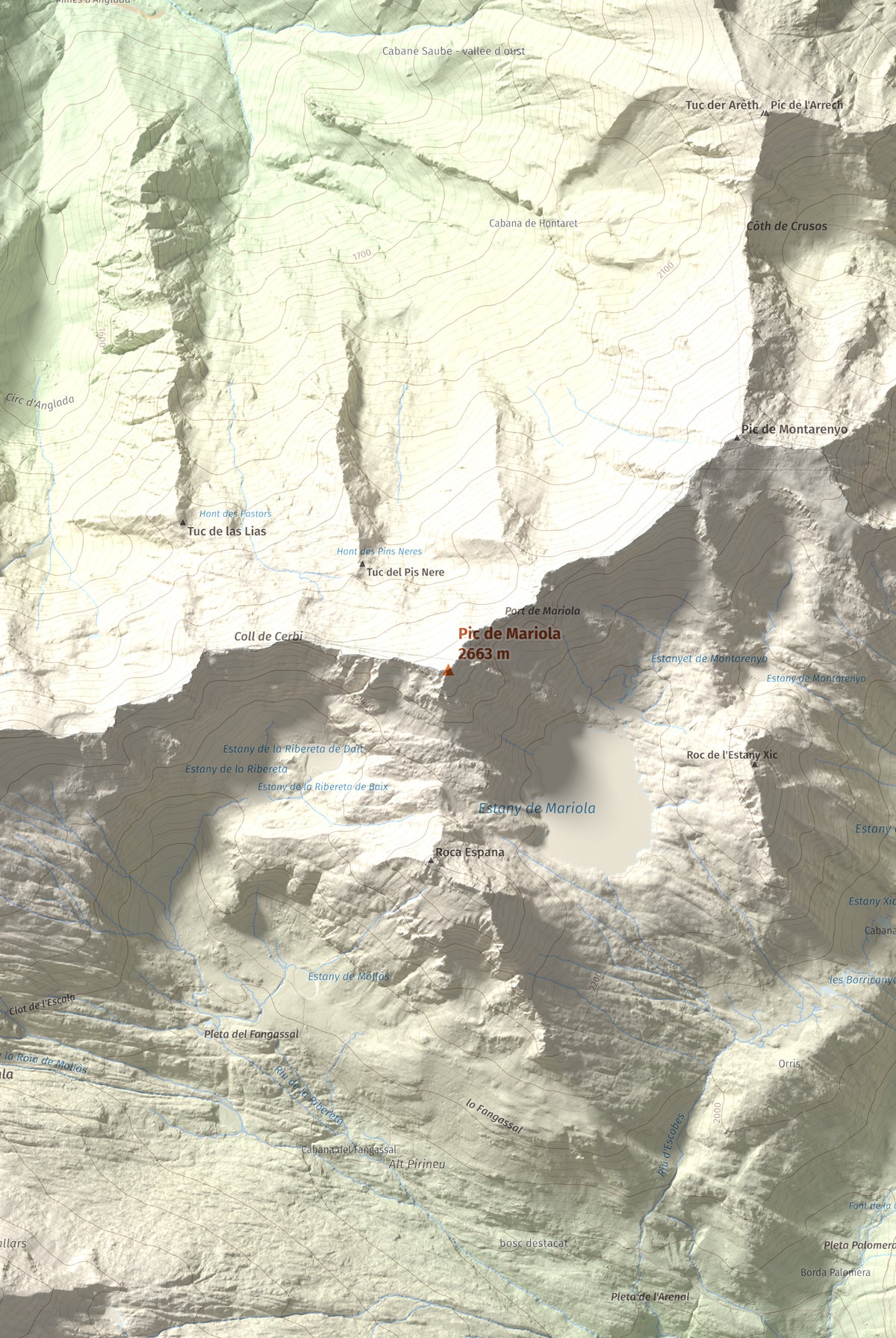 Mapa de relieve de Pic de Mariola, 2663 m, Pallars Sobirà, lámina 100 Cims de Trobart. Detalle de la zona central. 61 × 91 cm.