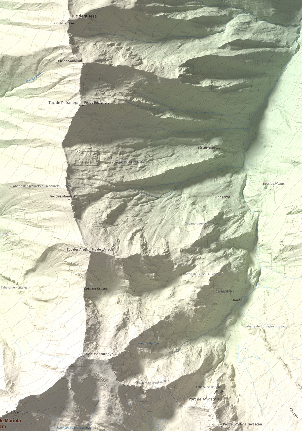 Mapa de relieve de Pic de Mariola, 2663 m, Pallars Sobirà, lámina 100 Cims de Trobart. Detalle de la zona superior derecha. 70 × 100 cm.