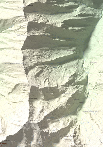 Mapa de relieve de Pic de Mariola, 2663 m, Pallars Sobirà, lámina 100 Cims de Trobart. Detalle de la zona superior derecha. 70 × 100 cm.