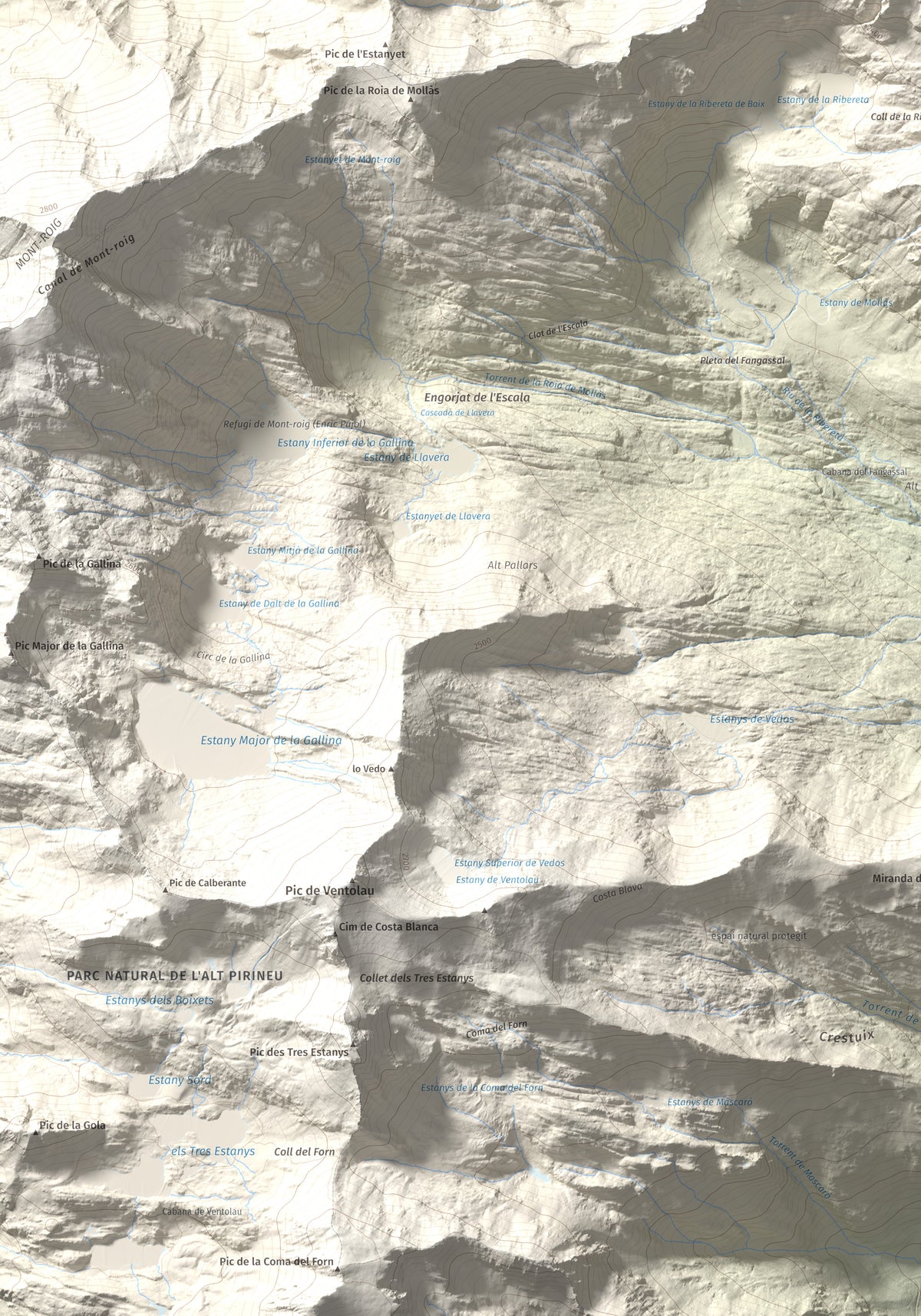 Mapa de relieve de Pic de Mariola, 2663 m, Pallars Sobirà, lámina 100 Cims de Trobart. Detalle de la zona inferior izquierda. 70 × 100 cm.