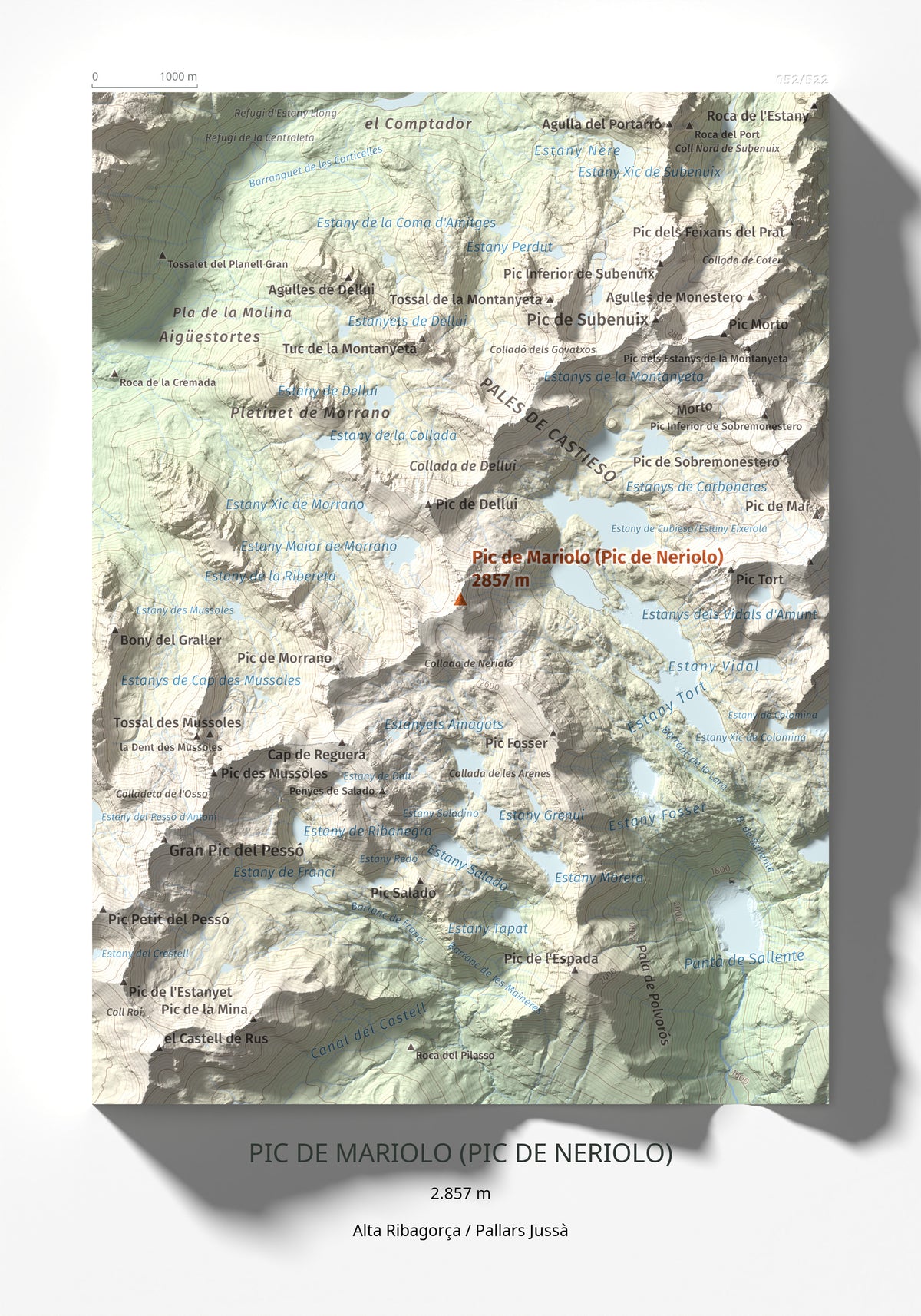 Mapa de relieve de Pic de Mariolo (Pic de Neriolo), 2857 m, Alta Ribagorça · Pallars Jussà, lámina 100 Cims de Trobart 21 × 30 cm.