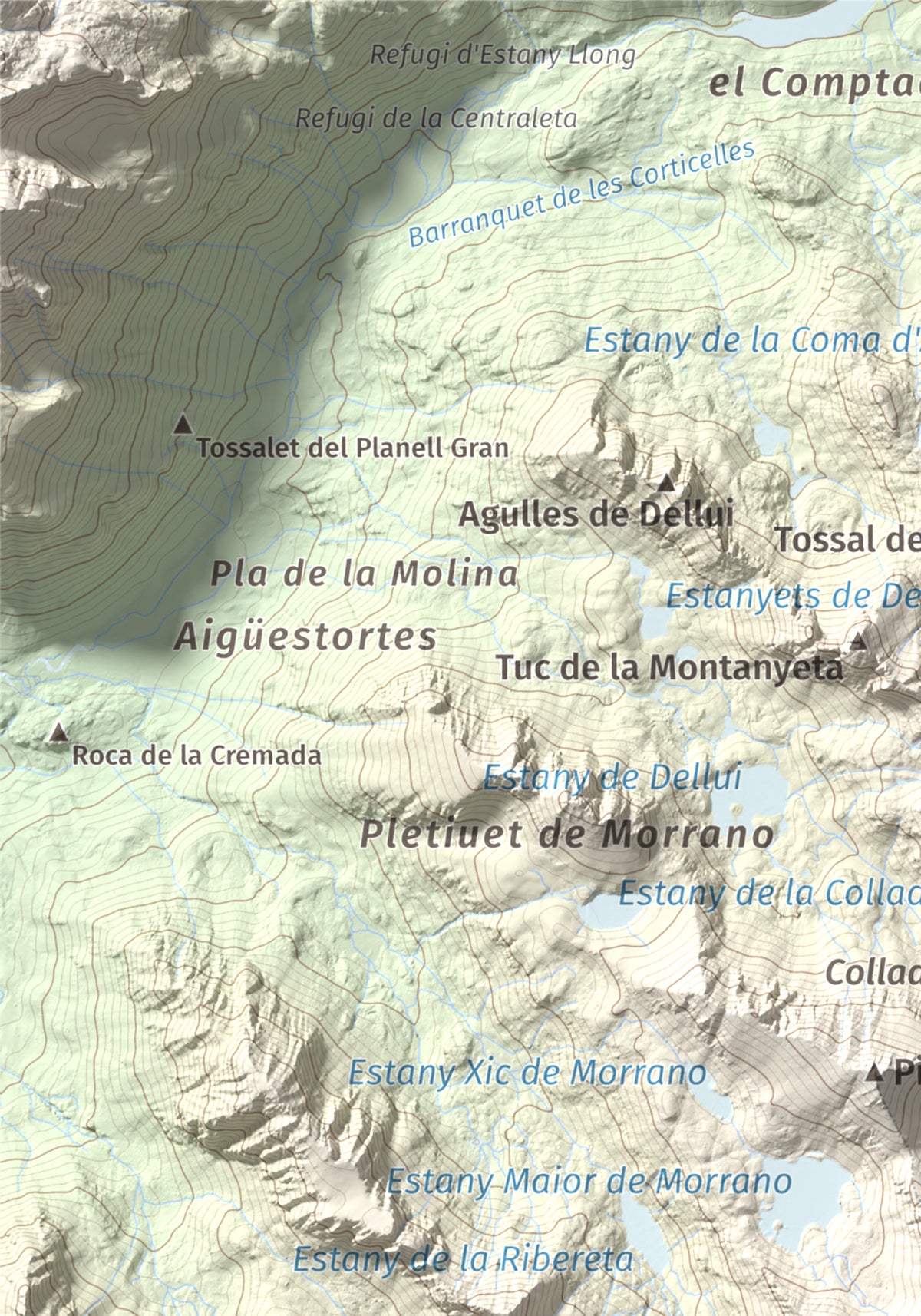 Mapa de relieve de Pic de Mariolo (Pic de Neriolo), 2857 m, Alta Ribagorça · Pallars Jussà, lámina 100 Cims de Trobart. Detalle de la zona superior izquierda. 21 × 30 cm.