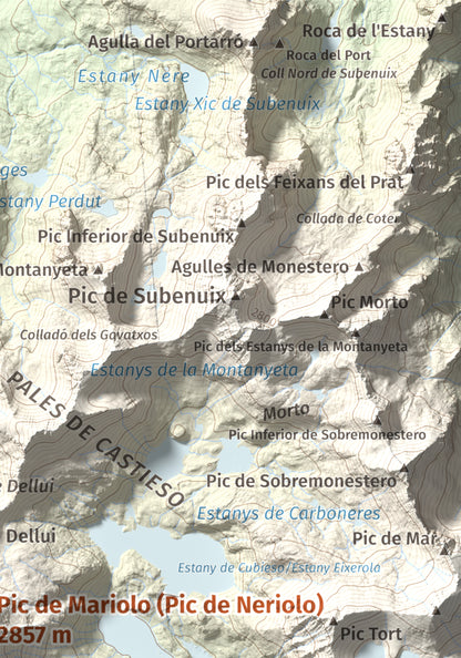 Mapa de relieve de Pic de Mariolo (Pic de Neriolo), 2857 m, Alta Ribagorça · Pallars Jussà, lámina 100 Cims de Trobart. Detalle de la zona superior derecha. 21 × 30 cm.