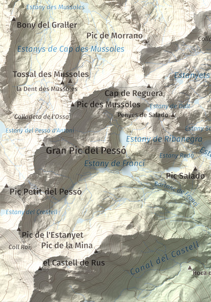 Mapa de relieve de Pic de Mariolo (Pic de Neriolo), 2857 m, Alta Ribagorça · Pallars Jussà, lámina 100 Cims de Trobart. Detalle de la zona inferior izquierda. 21 × 30 cm.
