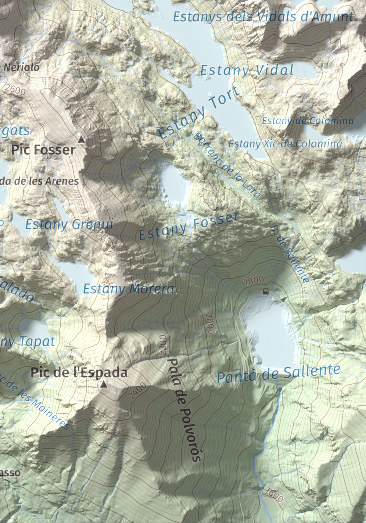 Mapa de relieve de Pic de Mariolo (Pic de Neriolo), 2857 m, Alta Ribagorça · Pallars Jussà, lámina 100 Cims de Trobart. Detalle de la zona inferior derecha. 21 × 30 cm.