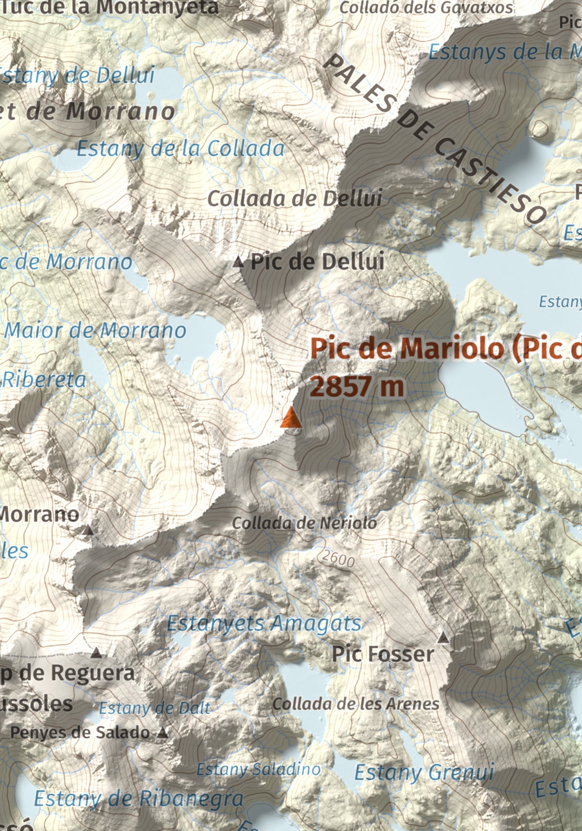 Mapa de relieve de Pic de Mariolo (Pic de Neriolo), 2857 m, Alta Ribagorça · Pallars Jussà, lámina 100 Cims de Trobart. Detalle de la zona central. 21 × 30 cm.