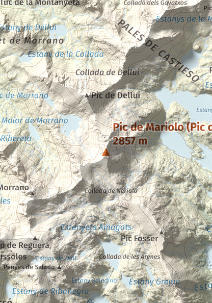 Mapa de relieve de Pic de Mariolo (Pic de Neriolo), 2857 m, Alta Ribagorça · Pallars Jussà, lámina 100 Cims de Trobart. Detalle de la zona central. 21 × 30 cm.