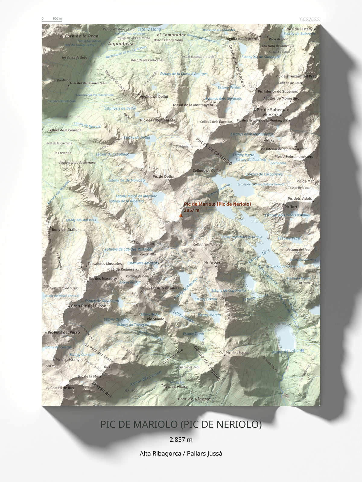 Mapa de relieve de Pic de Mariolo (Pic de Neriolo), 2857 m, Alta Ribagorça · Pallars Jussà, lámina 100 Cims de Trobart 30 × 40 cm.