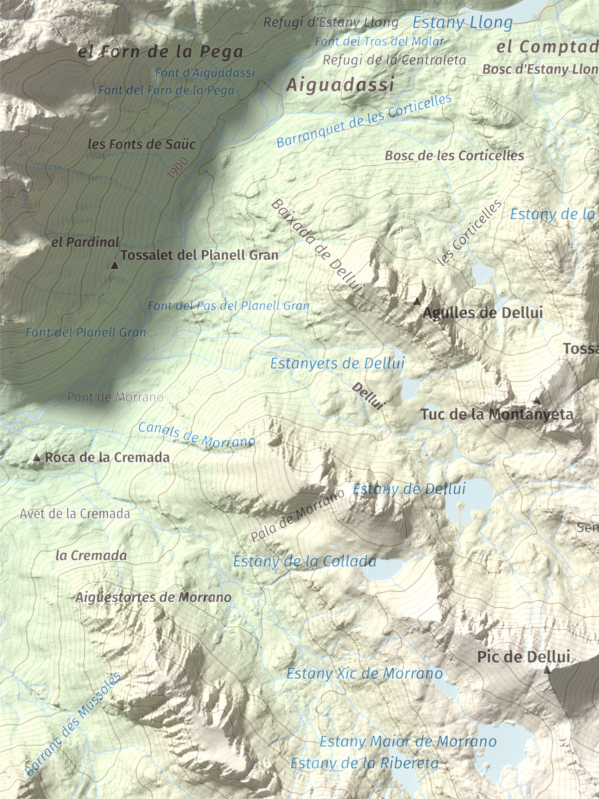Mapa de relieve de Pic de Mariolo (Pic de Neriolo), 2857 m, Alta Ribagorça · Pallars Jussà, lámina 100 Cims de Trobart. Detalle de la zona superior izquierda. 30 × 40 cm.