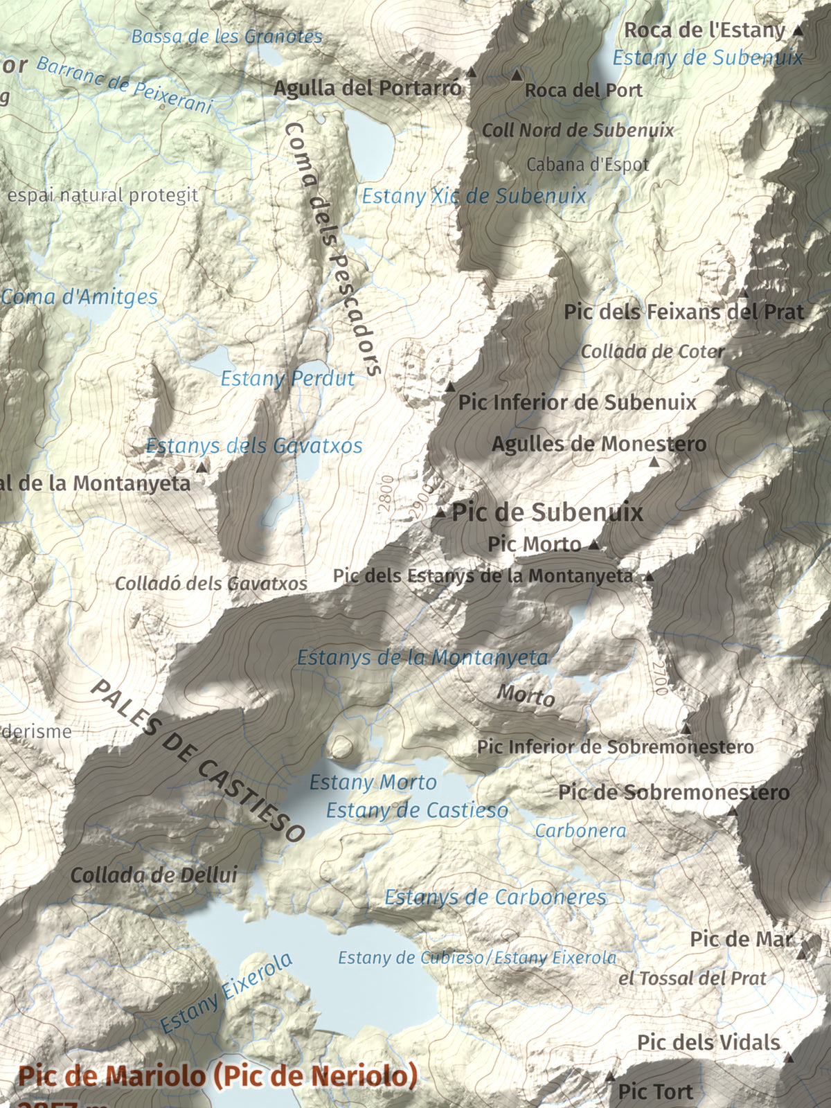 Mapa de relieve de Pic de Mariolo (Pic de Neriolo), 2857 m, Alta Ribagorça · Pallars Jussà, lámina 100 Cims de Trobart. Detalle de la zona superior derecha. 30 × 40 cm.