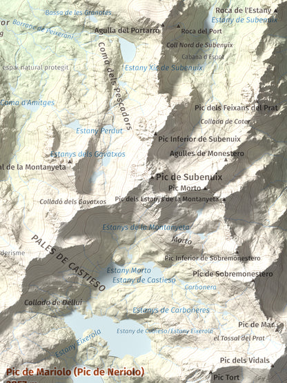 Mapa de relieve de Pic de Mariolo (Pic de Neriolo), 2857 m, Alta Ribagorça · Pallars Jussà, lámina 100 Cims de Trobart. Detalle de la zona superior derecha. 30 × 40 cm.