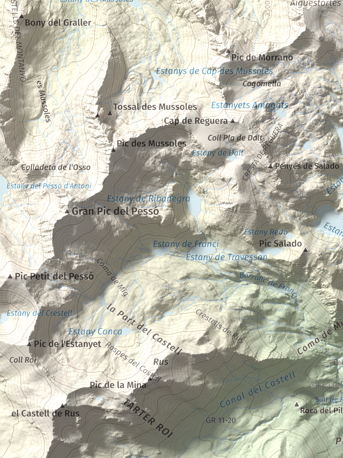 Mapa de relieve de Pic de Mariolo (Pic de Neriolo), 2857 m, Alta Ribagorça · Pallars Jussà, lámina 100 Cims de Trobart. Detalle de la zona inferior izquierda. 30 × 40 cm.