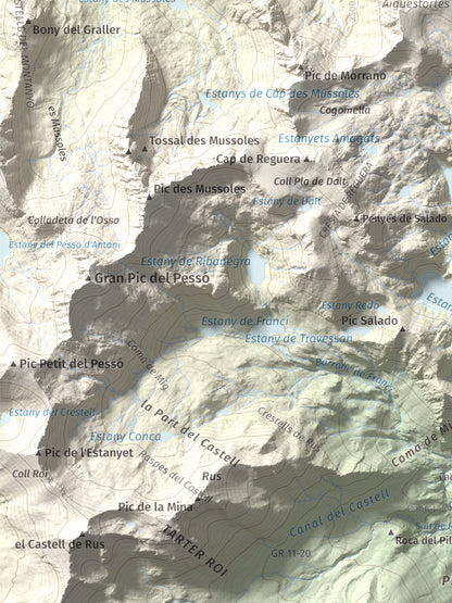Mapa de relieve de Pic de Mariolo (Pic de Neriolo), 2857 m, Alta Ribagorça · Pallars Jussà, lámina 100 Cims de Trobart. Detalle de la zona inferior izquierda. 30 × 40 cm.