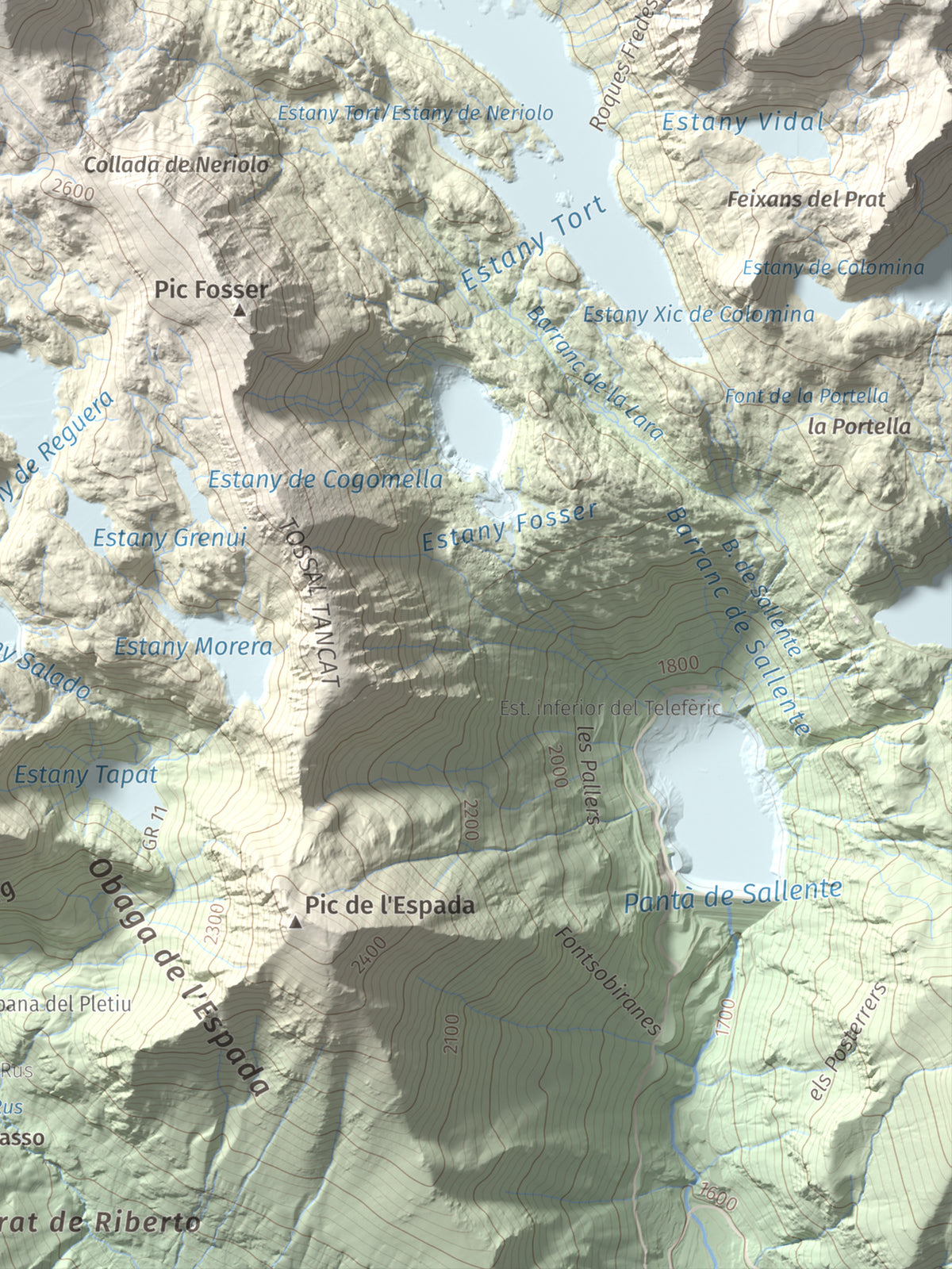 Mapa de relieve de Pic de Mariolo (Pic de Neriolo), 2857 m, Alta Ribagorça · Pallars Jussà, lámina 100 Cims de Trobart. Detalle de la zona inferior derecha. 30 × 40 cm.