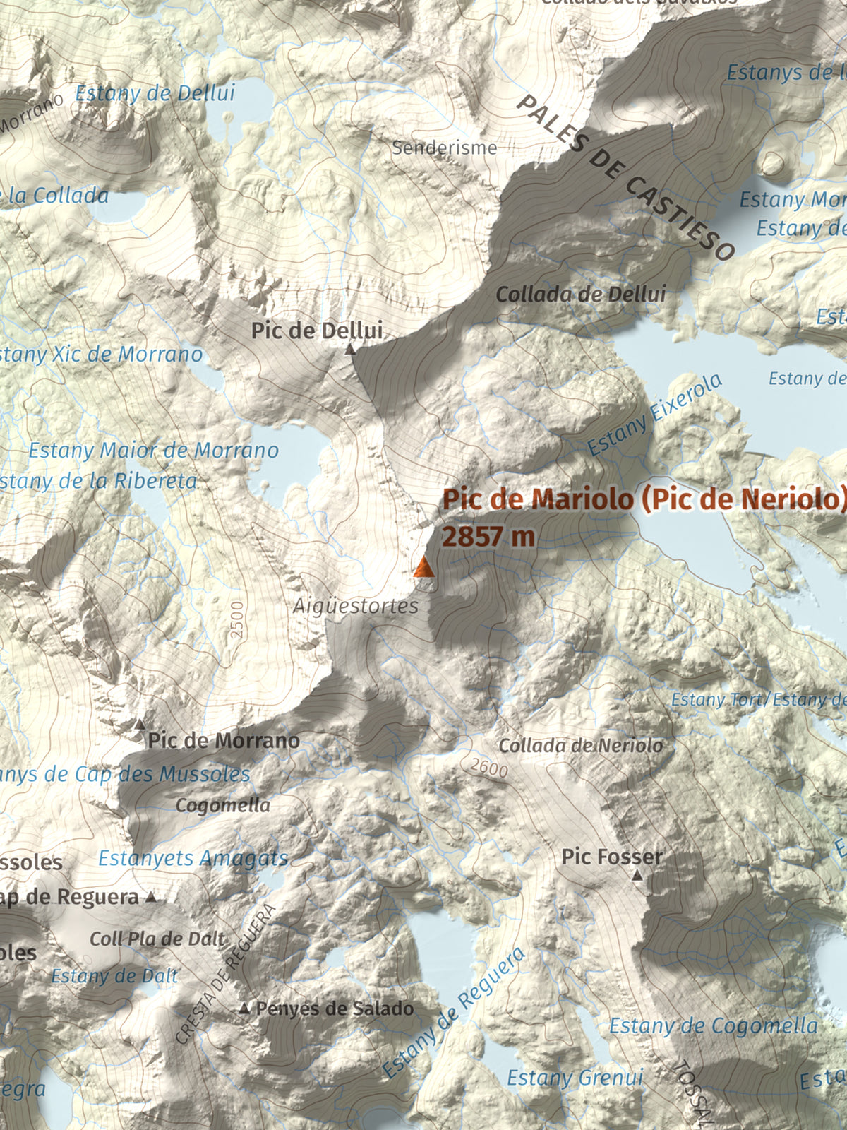 Mapa de relieve de Pic de Mariolo (Pic de Neriolo), 2857 m, Alta Ribagorça · Pallars Jussà, lámina 100 Cims de Trobart. Detalle de la zona central. 30 × 40 cm.