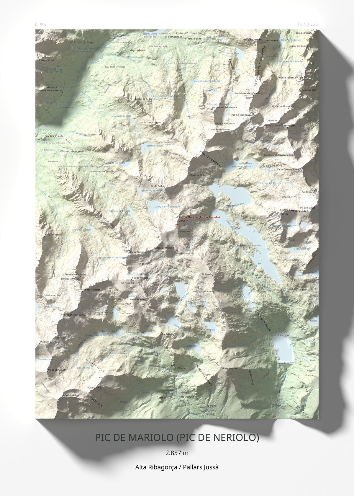 Mapa de relieve de Pic de Mariolo (Pic de Neriolo), 2857 m, Alta Ribagorça · Pallars Jussà, lámina 100 Cims de Trobart 50 × 70 cm.