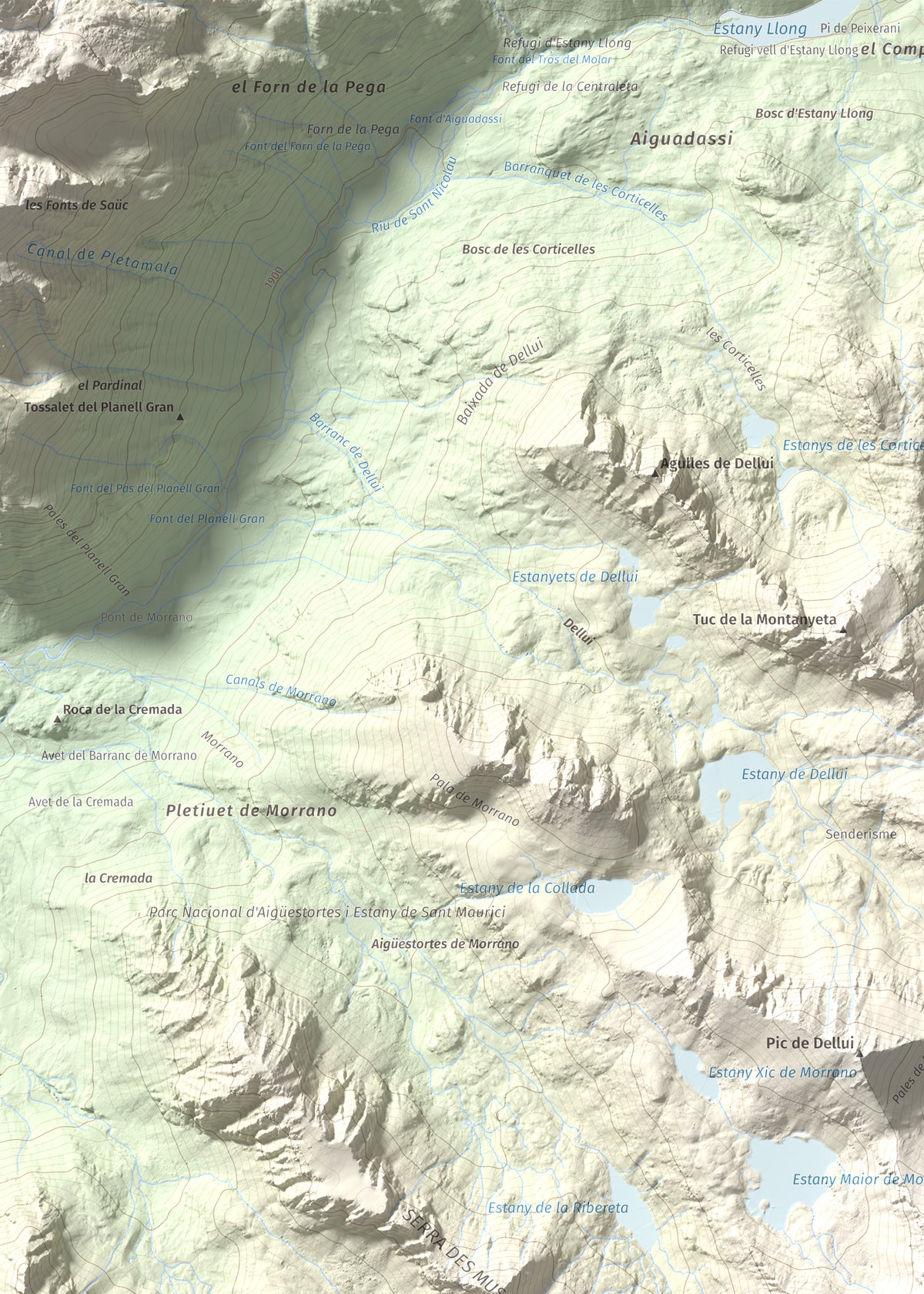 Mapa de relieve de Pic de Mariolo (Pic de Neriolo), 2857 m, Alta Ribagorça · Pallars Jussà, lámina 100 Cims de Trobart. Detalle de la zona superior izquierda. 50 × 70 cm.