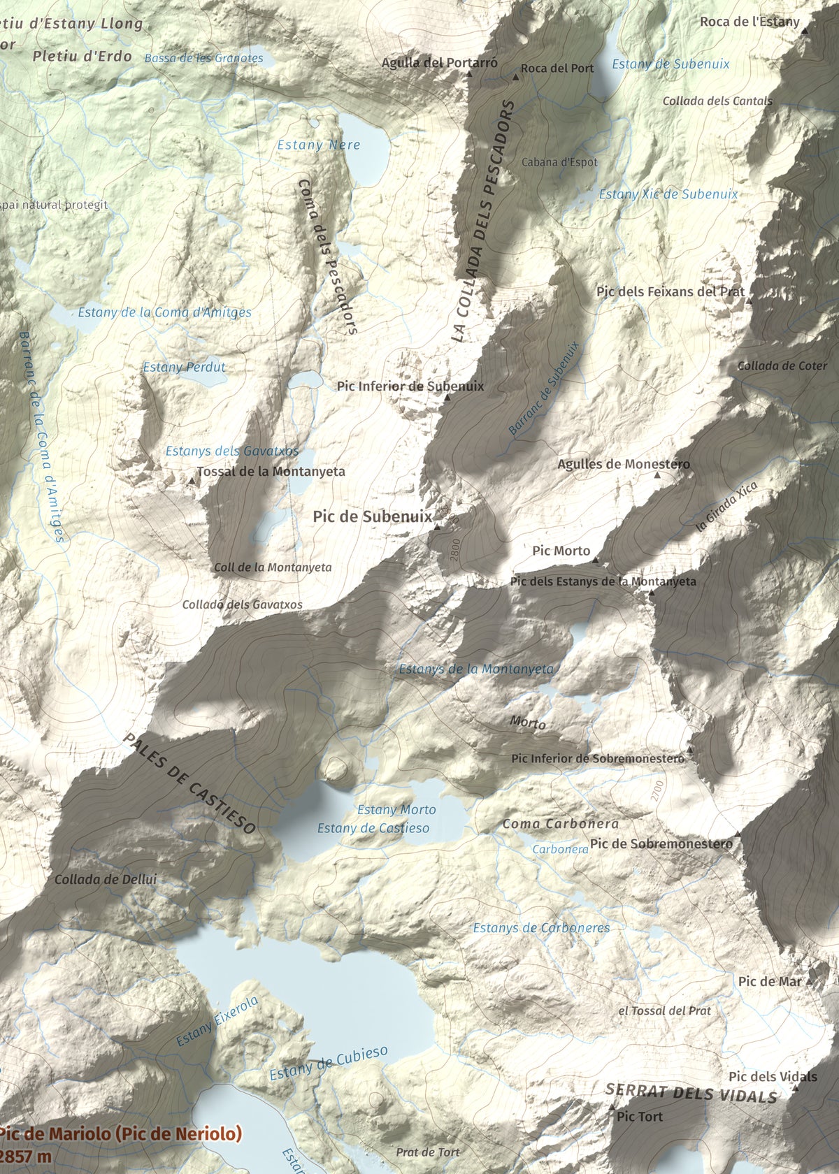 Mapa de relieve de Pic de Mariolo (Pic de Neriolo), 2857 m, Alta Ribagorça · Pallars Jussà, lámina 100 Cims de Trobart. Detalle de la zona superior derecha. 50 × 70 cm.