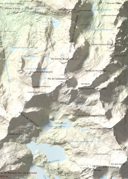 Mapa de relieve de Pic de Mariolo (Pic de Neriolo), 2857 m, Alta Ribagorça · Pallars Jussà, lámina 100 Cims de Trobart. Detalle de la zona superior derecha. 50 × 70 cm.